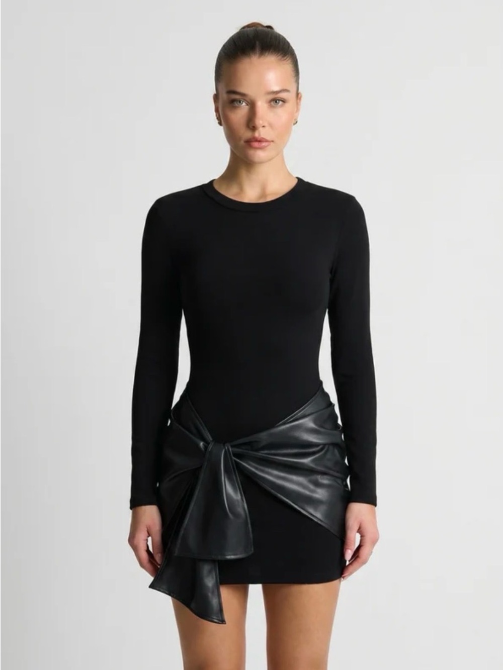 Black Long-Sleeve Crewneck Bodycon Dress with Faux-Leather Wrap Detail